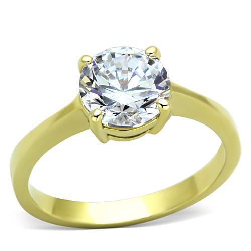 TK1405 IP Gold Stainless Steel Ring featuring a clear AAA Grade CZ center stone, showcasing its elegant design and luxurious finish.