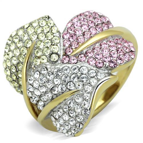 TK1441 Two-Tone IP Gold Stainless Steel Ring featuring a multi-color top-grade crystal centerpiece, showcasing a sophisticated design.