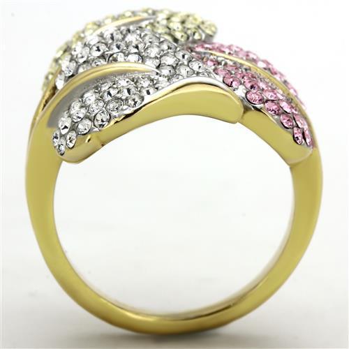 TK1441 Two-Tone IP Gold Stainless Steel Ring featuring a multi-color top-grade crystal centerpiece, showcasing a sophisticated design.