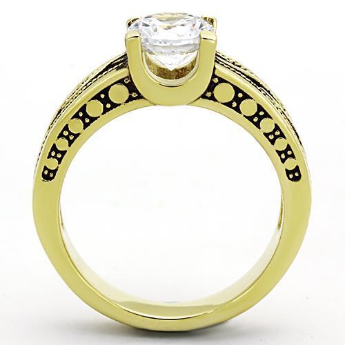 TK1410 IP Gold Stainless Steel Ring featuring AAA Grade clear CZ stone, showcasing its elegant design and luxurious finish.