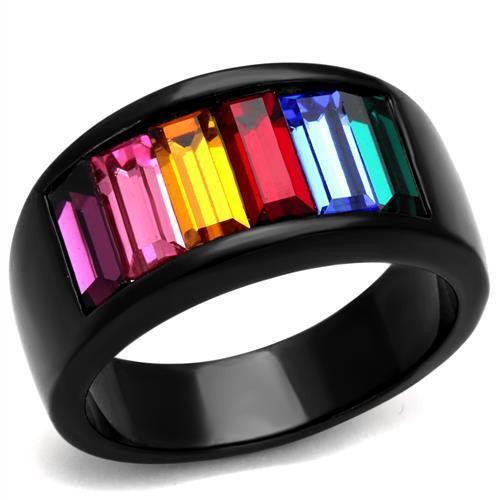 TK1415J IP Black Stainless Steel Ring featuring a multi-color top grade crystal, showcasing a modern and elegant design.