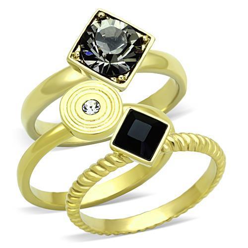 TK1417 IP Gold Stainless Steel Ring featuring a top-grade jet crystal centerpiece, showcasing a luxurious design and durable material.