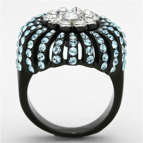 TK1442 Two-Tone IP Black Stainless Steel Ring featuring a Sea Blue Top Grade Crystal, showcasing its elegant design and craftsmanship.