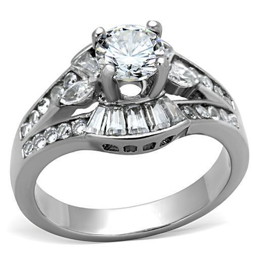 TK1451 High Polished Stainless Steel Ring featuring a clear AAA Grade CZ stone, showcasing its elegant design and shine.