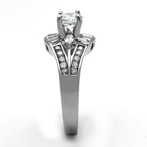 TK1451 High Polished Stainless Steel Ring featuring a clear AAA Grade CZ stone, showcasing its elegant design and shine.