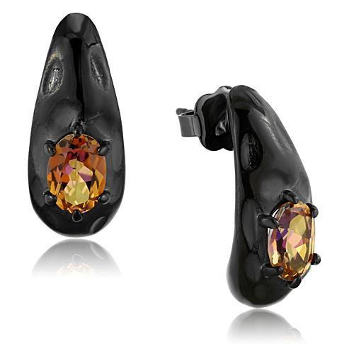 TK1452 IP Black Stainless Steel Earrings featuring semi-precious citrine stones in topaz multicolor, showcasing a modern and elegant design.