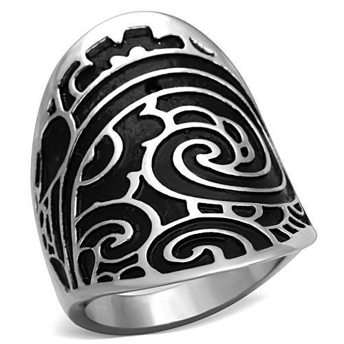 TK1448 High Polished Stainless Steel Ring featuring a jet black epoxy center stone, showcasing a sleek and modern design.