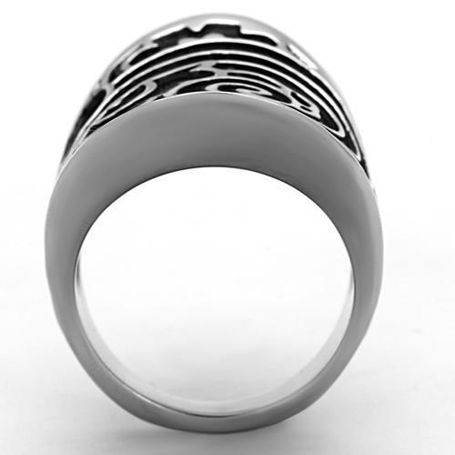 TK1448 High Polished Stainless Steel Ring featuring a jet black epoxy center stone, showcasing a sleek and modern design.