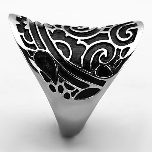 TK1448 High Polished Stainless Steel Ring featuring a jet black epoxy center stone, showcasing a sleek and modern design.