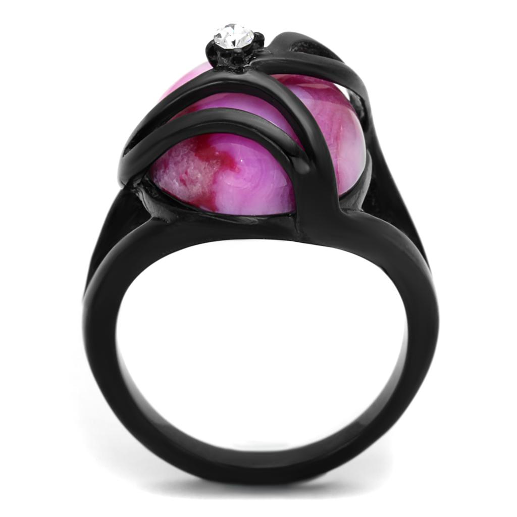 TK1144J IP Black Stainless Steel Ring featuring a fuchsia synthetic Cat Eye stone, showcasing a modern and elegant design.