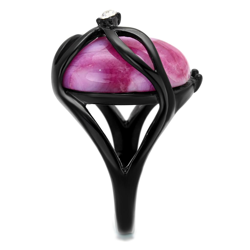 TK1144J IP Black Stainless Steel Ring featuring a fuchsia synthetic Cat Eye stone, showcasing a modern and elegant design.