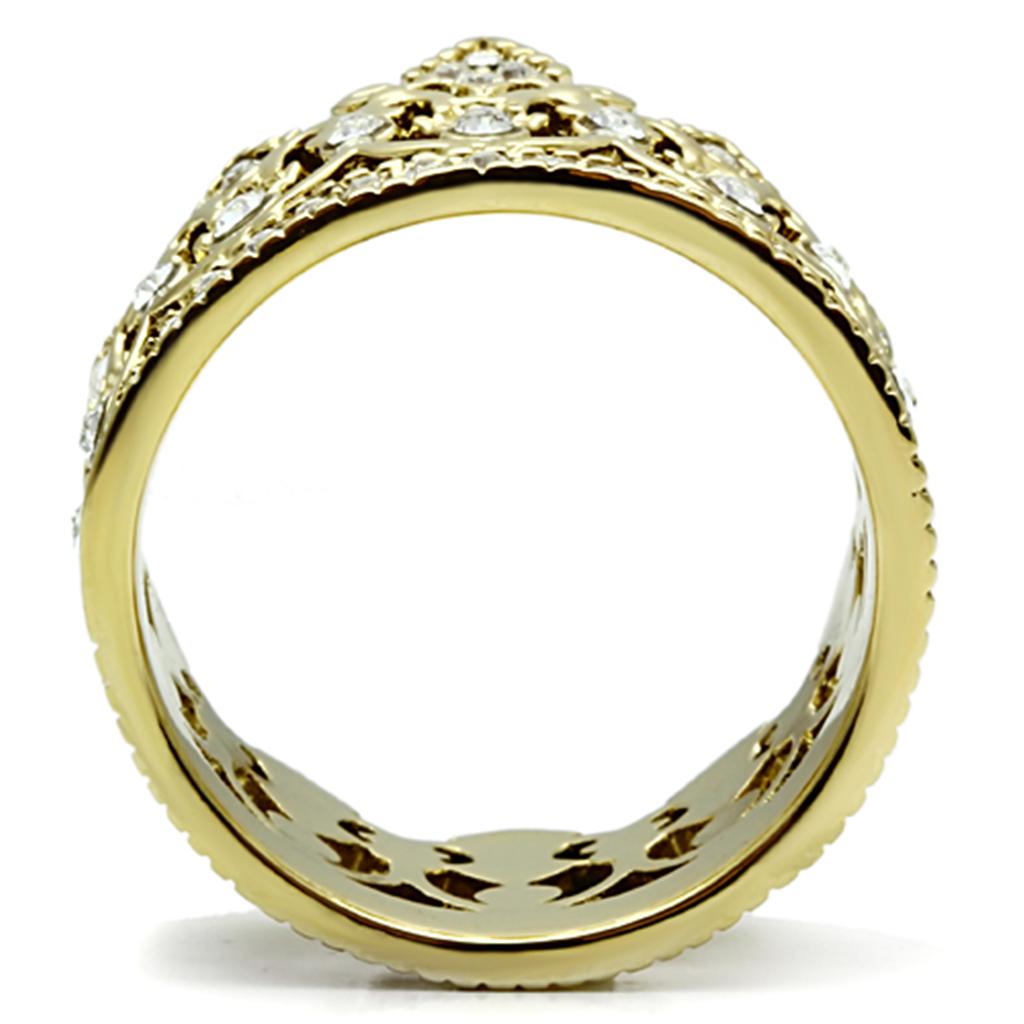 TK1507 IP Gold Stainless Steel Ring featuring a clear top-grade crystal centerpiece, showcasing a luxurious design.