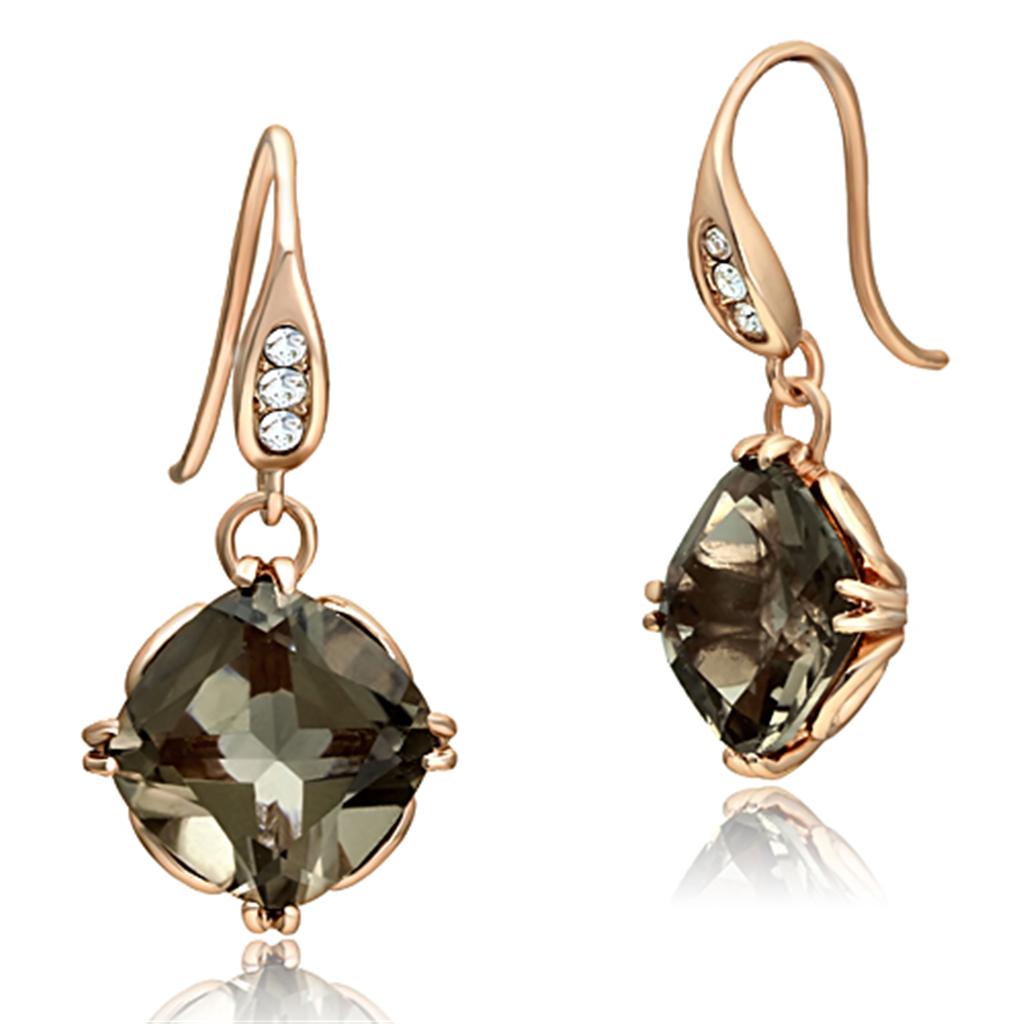 TK1509 IP Rose Gold Stainless Steel Earrings featuring a smoky quarter stone, elegantly designed for comfort and style.
