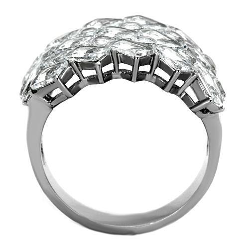 TK1522 High Polished Stainless Steel Ring featuring a clear AAA Grade CZ stone, showcasing its elegant design and shiny finish.