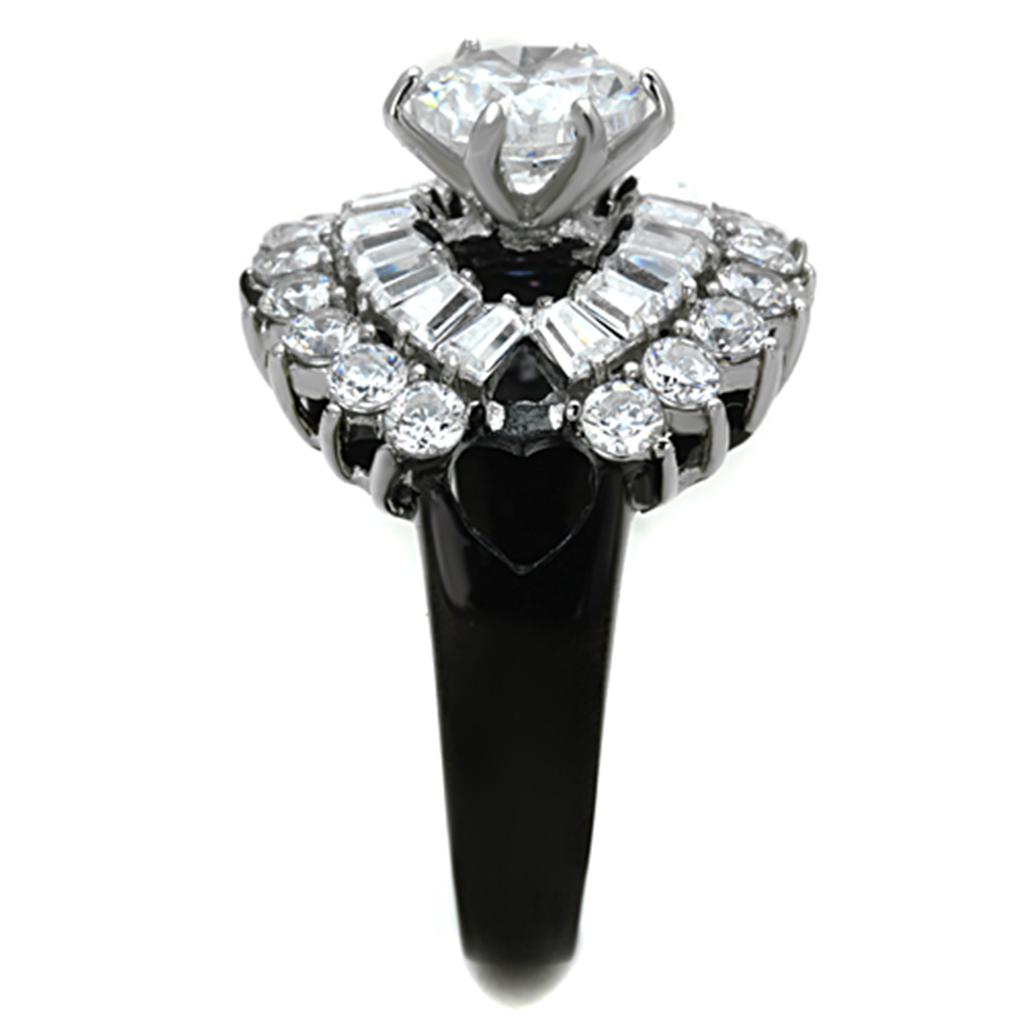 TK1523 Two-Tone IP Black Stainless Steel Ring featuring a clear AAA Grade CZ stone, showcasing a modern and elegant design.