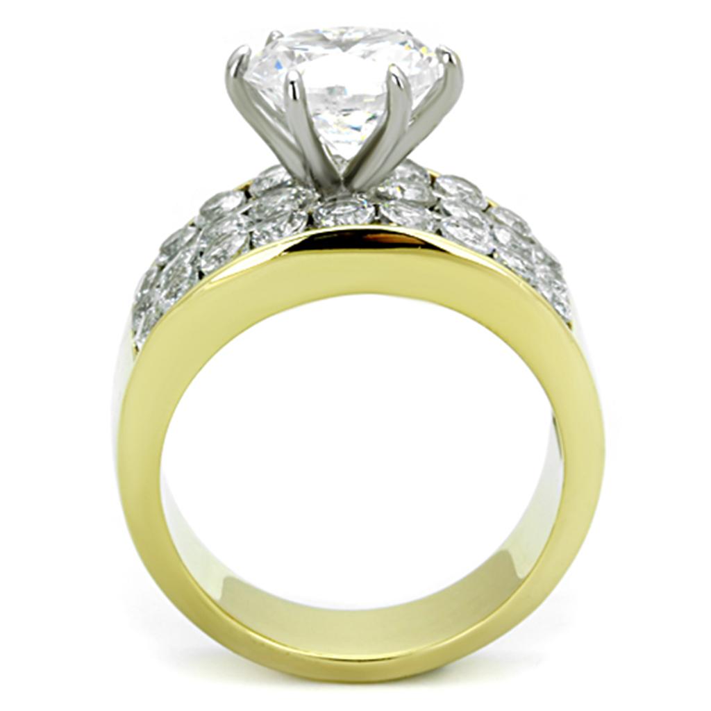 TK1553 Two-Tone IP Gold Stainless Steel Ring featuring a AAA Grade Clear CZ stone, showcasing a luxurious design.
