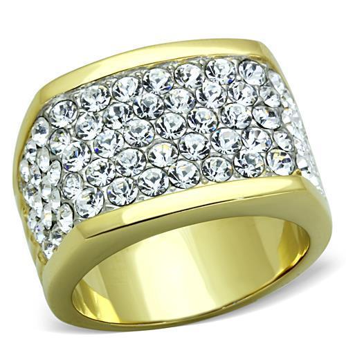 TK1545 Two-Tone IP Gold Stainless Steel Ring featuring a clear top-grade crystal centerpiece, elegantly designed for modern style.