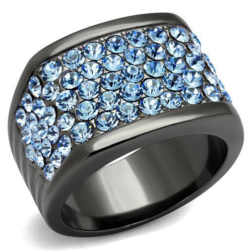 TK1545LJ IP Light Black Stainless Steel Ring featuring a light sapphire top-grade crystal centerpiece, showcasing a modern and elegant design.