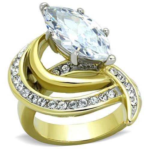 TK1546 Two-Tone IP Gold Stainless Steel Ring featuring a clear AAA Grade CZ stone, showcasing a luxurious design.