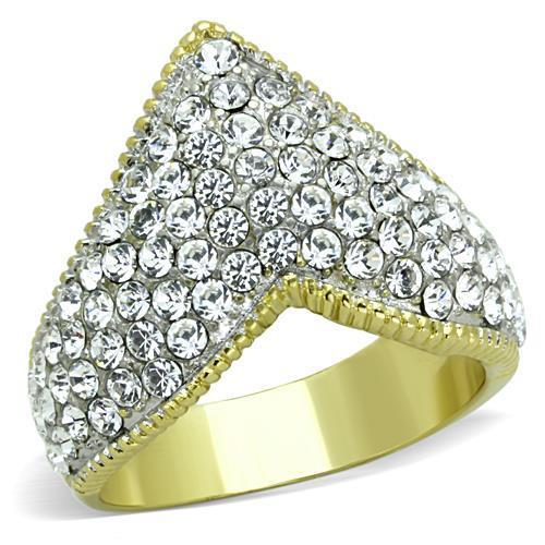 TK1562 Two-Tone IP Gold Stainless Steel Ring featuring a clear top-grade crystal centerpiece, showcasing elegance and durability.