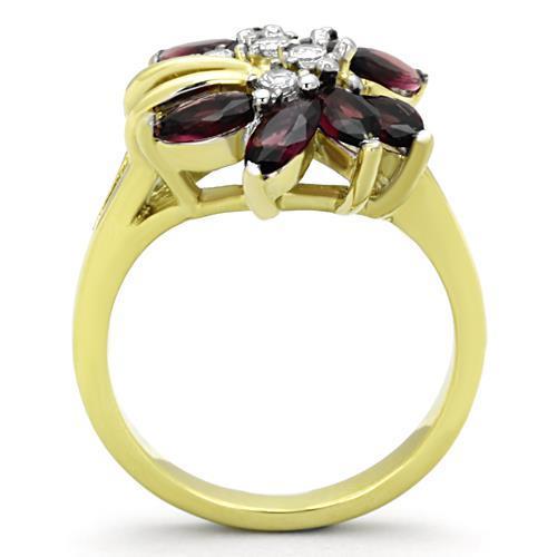 TK1565 Two-Tone IP Gold Stainless Steel Ring featuring a synthetic amethyst stone, showcasing a luxurious design and durable material.