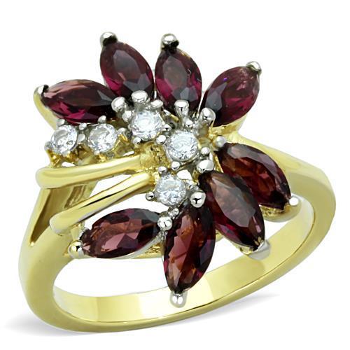 TK1565 Two-Tone IP Gold Stainless Steel Ring featuring a synthetic amethyst stone, showcasing a luxurious design and durable material.