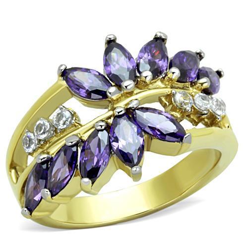 TK1568 Two-Tone IP Gold Stainless Steel Ring featuring AAA Amethyst CZ, showcasing its elegant design and luxurious finish.