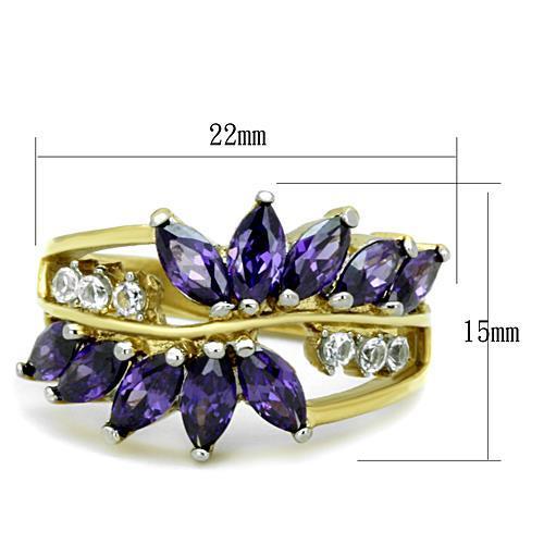 TK1568 Two-Tone IP Gold Stainless Steel Ring featuring AAA Amethyst CZ, showcasing its elegant design and luxurious finish.