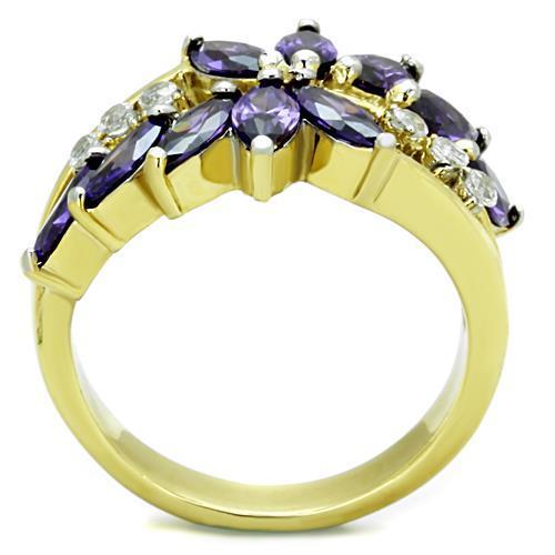 TK1568 Two-Tone IP Gold Stainless Steel Ring featuring AAA Amethyst CZ, showcasing its elegant design and luxurious finish.