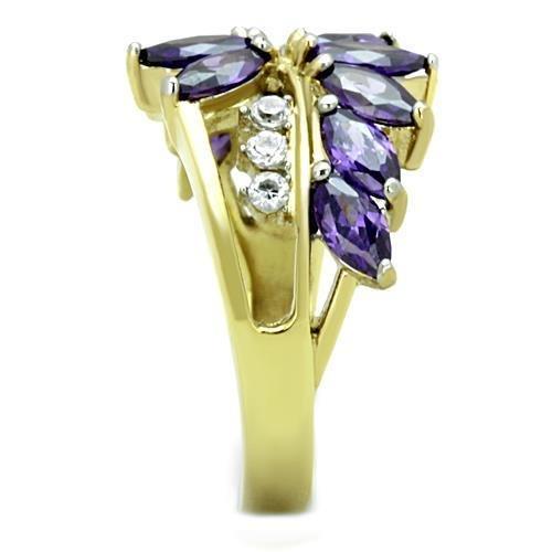 TK1568 Two-Tone IP Gold Stainless Steel Ring featuring AAA Amethyst CZ, showcasing its elegant design and luxurious finish.