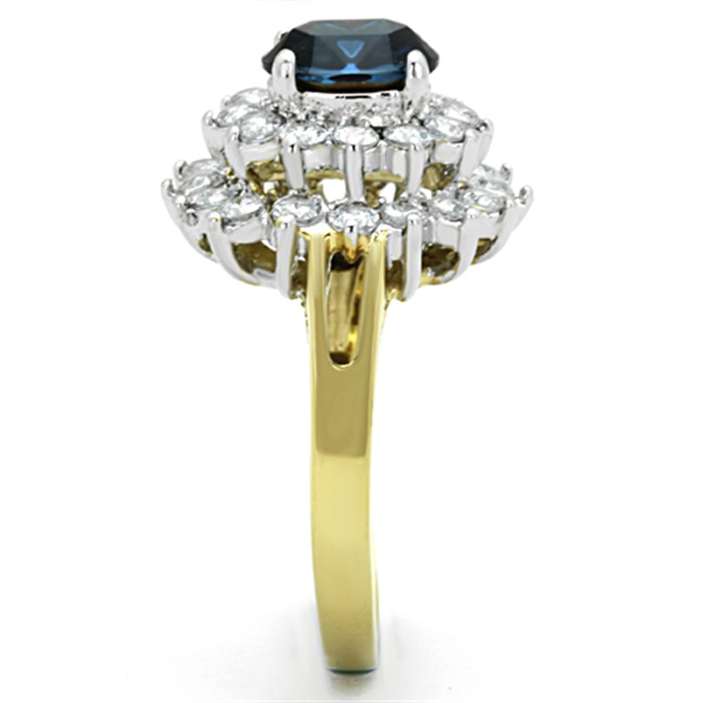 TK1572 Two-Tone IP Gold Stainless Steel Ring featuring a Montana crystal centerpiece, showcasing its elegant design and luxurious finish.