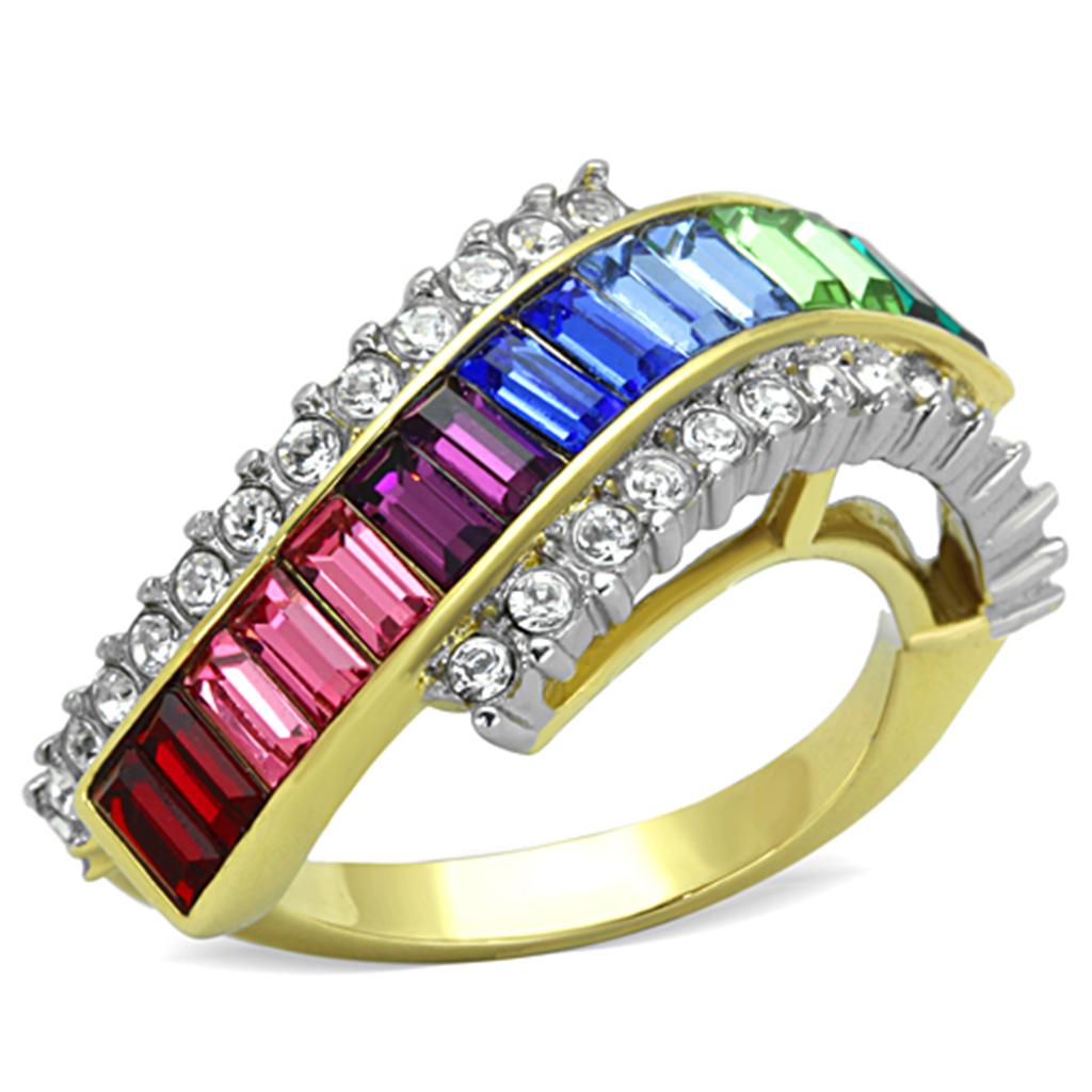 TK1575 Two-Tone IP Gold Stainless Steel Ring featuring a multi-color top-grade crystal centerpiece, showcasing elegance and durability.