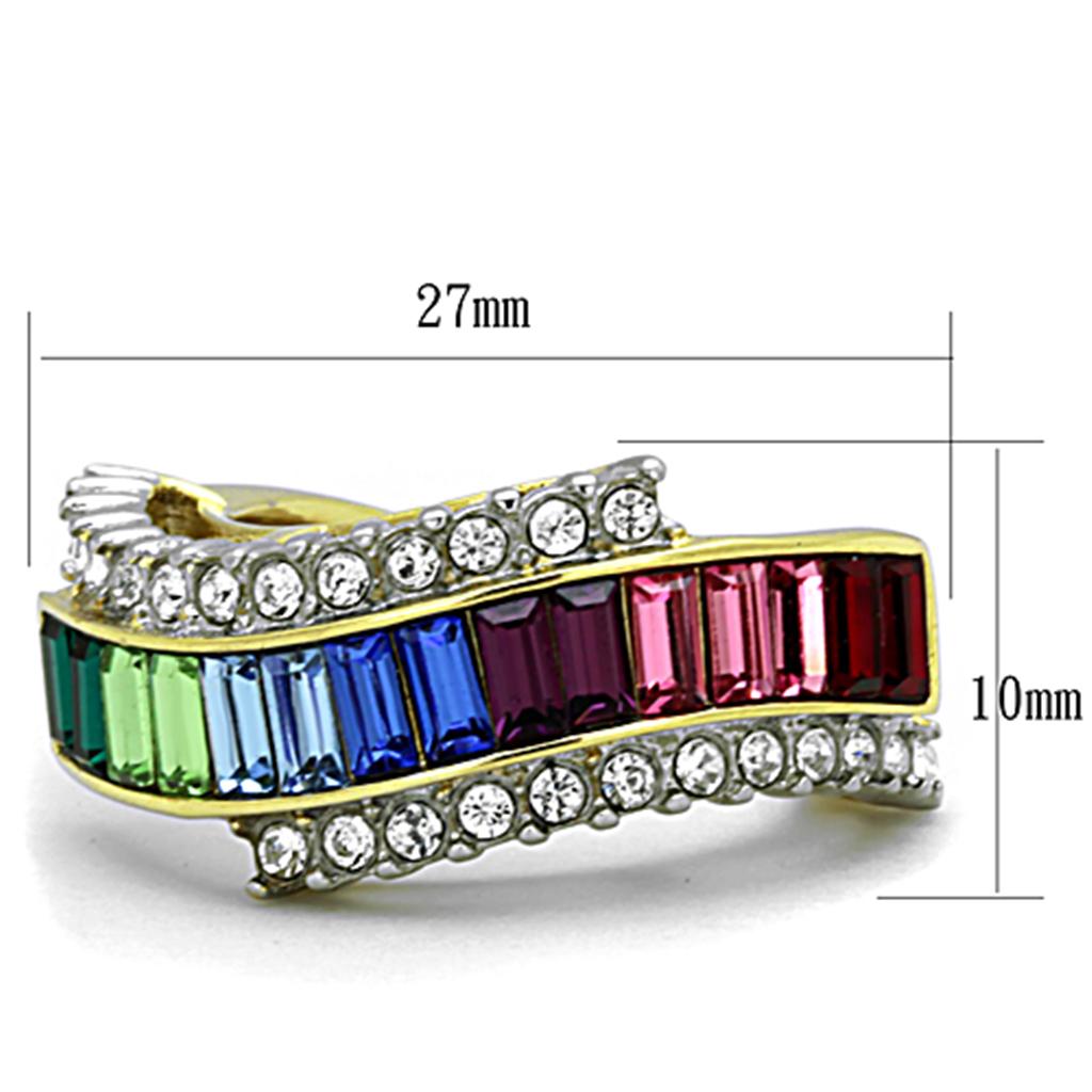 TK1575 Two-Tone IP Gold Stainless Steel Ring featuring a multi-color top-grade crystal centerpiece, showcasing elegance and durability.