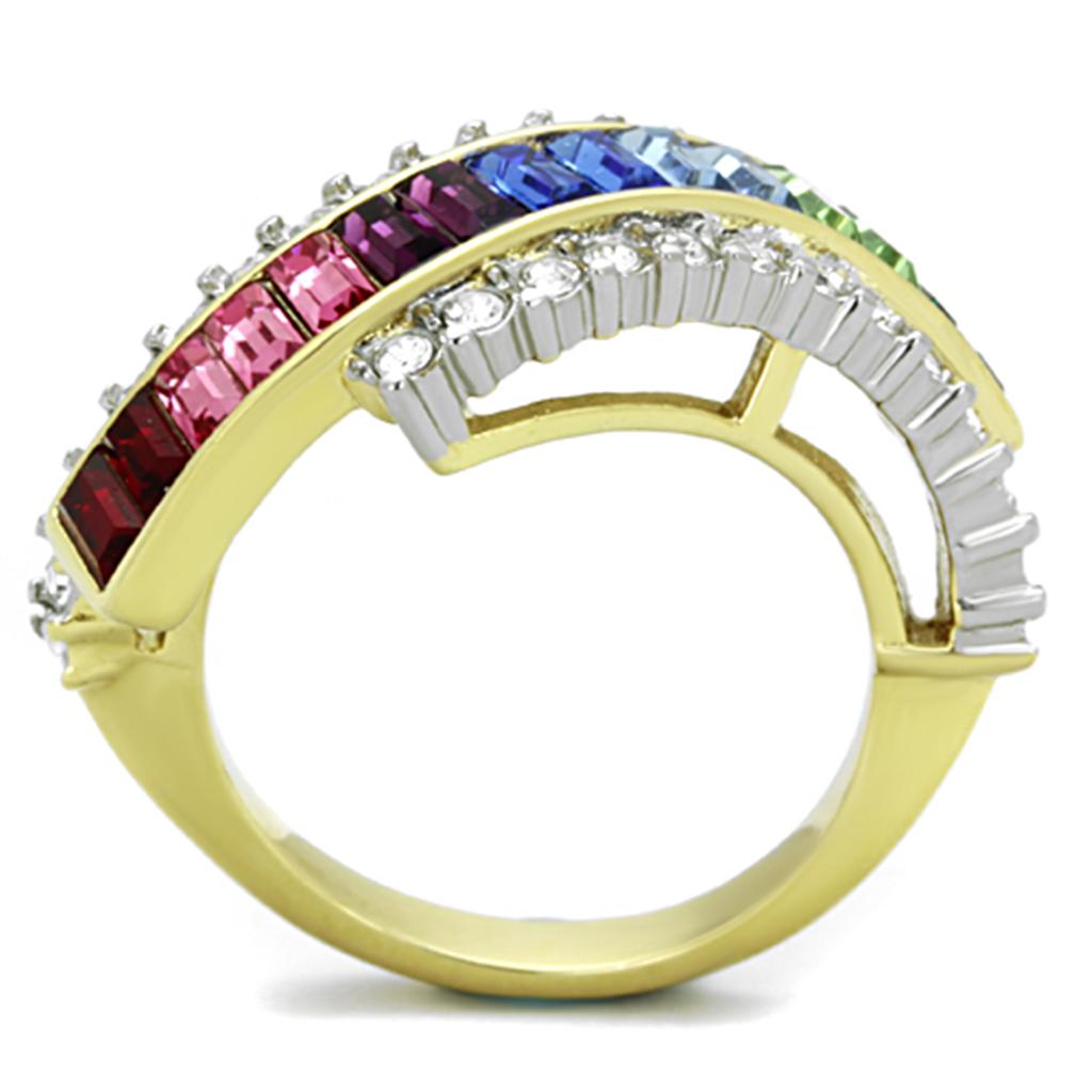 TK1575 Two-Tone IP Gold Stainless Steel Ring featuring a multi-color top-grade crystal centerpiece, showcasing elegance and durability.