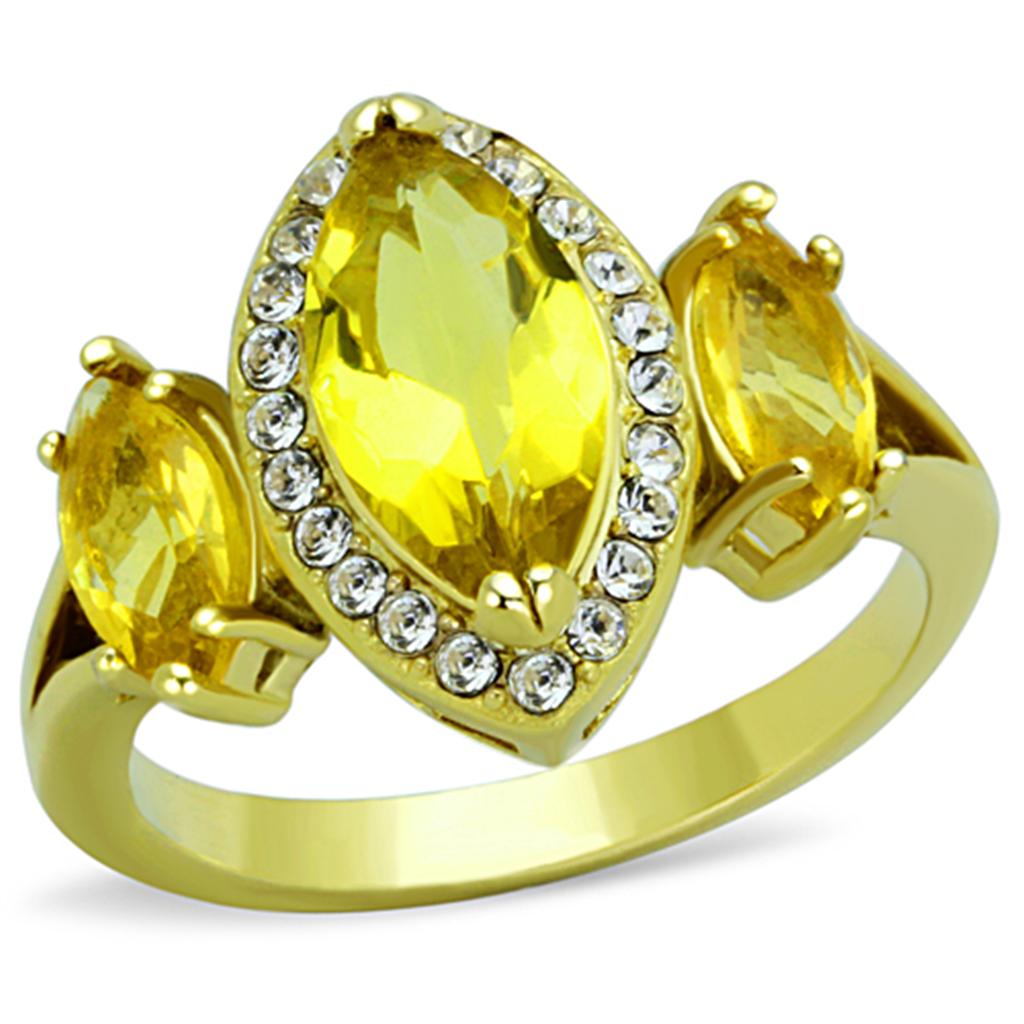 TK1578 IP Gold Stainless Steel Ring featuring a synthetic topaz stone, showcasing a luxurious design and durable material.