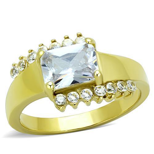 TK1588 IP Gold Stainless Steel Ring featuring AAA Grade clear CZ stone, showcasing its elegant design and luxurious finish.