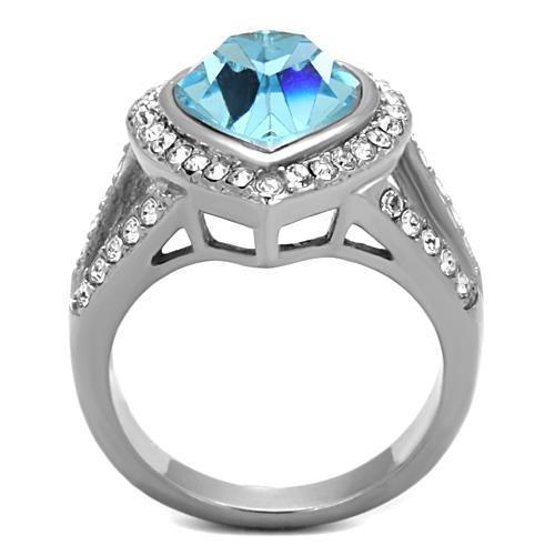 TK1582 High Polished Stainless Steel Ring featuring a stunning sea blue top grade crystal centerpiece, showcasing elegance and durability.