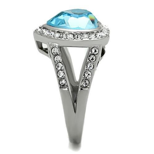 TK1582 High Polished Stainless Steel Ring featuring a stunning sea blue top grade crystal centerpiece, showcasing elegance and durability.