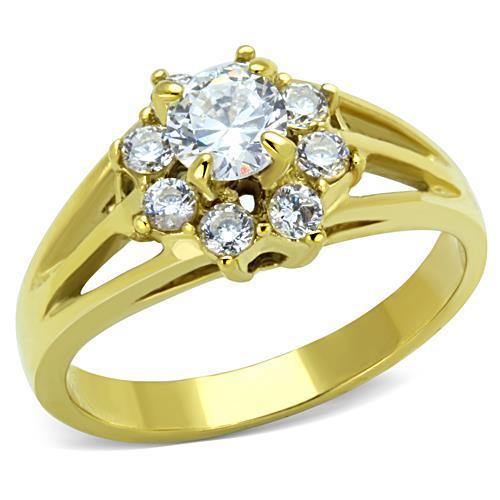 TK1583 IP Gold Stainless Steel Ring featuring AAA Grade clear CZ stone, showcasing its elegant design and luxurious finish.