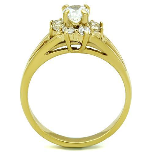 TK1583 IP Gold Stainless Steel Ring featuring AAA Grade clear CZ stone, showcasing its elegant design and luxurious finish.