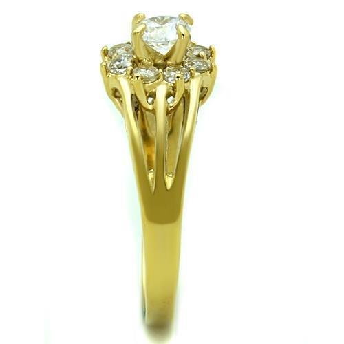 TK1583 IP Gold Stainless Steel Ring featuring AAA Grade clear CZ stone, showcasing its elegant design and luxurious finish.