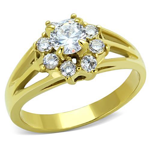 TK1583 IP Gold Stainless Steel Ring featuring AAA Grade clear CZ stone, showcasing its elegant design and luxurious finish.