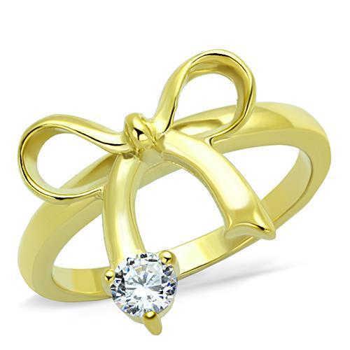 TK1585 IP Gold Stainless Steel Ring featuring a clear AAA Grade CZ center stone, showcasing its elegant design and luxurious finish.