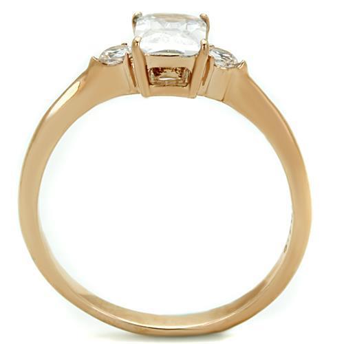 TK1589 IP Rose Gold Stainless Steel Ring featuring a clear AAA Grade CZ stone, showcasing its elegant design and luxurious finish.