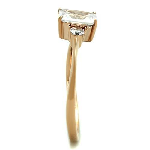TK1589 IP Rose Gold Stainless Steel Ring featuring a clear AAA Grade CZ stone, showcasing its elegant design and luxurious finish.