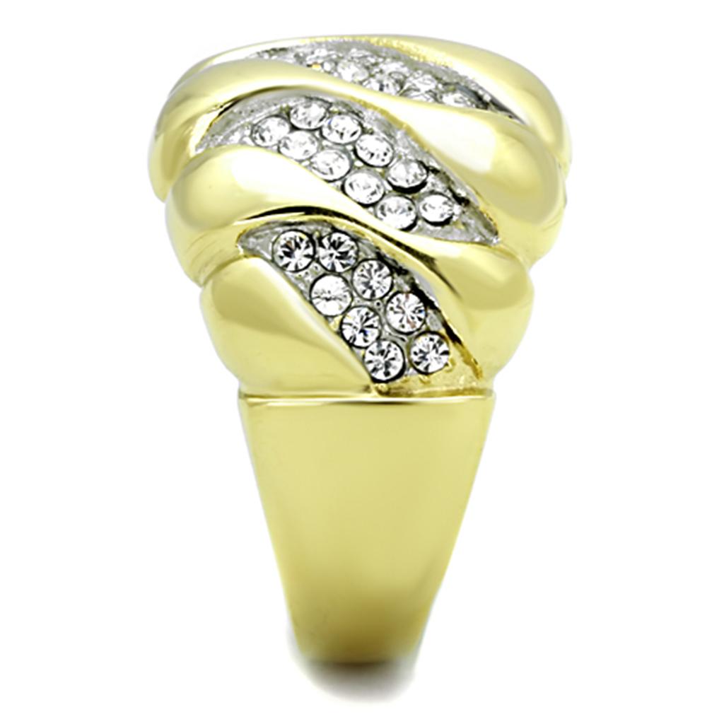 TK1559 Two-Tone IP Gold Stainless Steel Ring featuring a clear top-grade crystal centerpiece, showcasing a modern and elegant design.