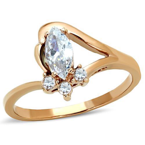 TK1590 IP Rose Gold Stainless Steel Ring featuring a AAA Grade clear CZ stone, showcasing a luxurious and elegant design.