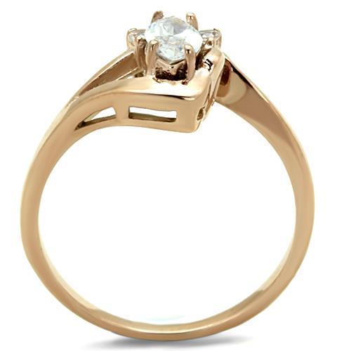 TK1590 IP Rose Gold Stainless Steel Ring featuring a AAA Grade clear CZ stone, showcasing a luxurious and elegant design.