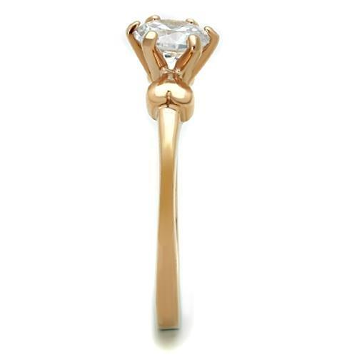 TK1596 IP Rose Gold Stainless Steel Ring featuring a clear AAA Grade CZ stone, showcasing its elegant design and luxurious finish.