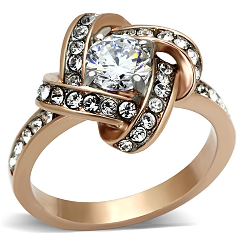 TK1166 Two-Tone IP Rose Gold Stainless Steel Ring featuring a clear AAA Grade CZ stone, showcasing its elegant design and luxurious finish.
